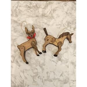 2 Horse Reindeer Ornament Hand Crafted Jointed Wood 5" Pony Figurine Christmas